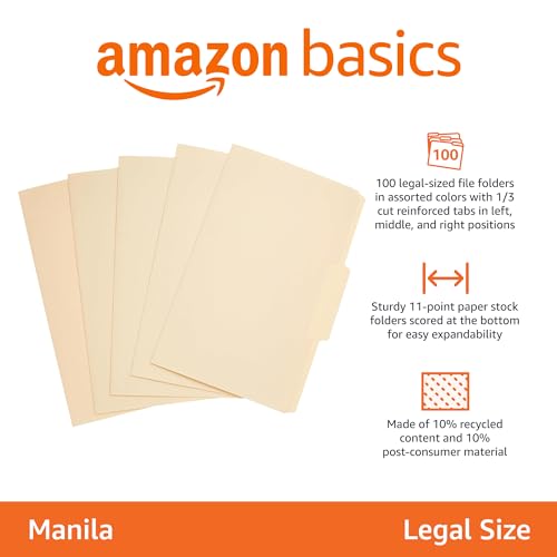 Amazon Basics Sturdy Manila File Folders, 1/3 Tabs in Assorted Positions for Filing, Legal Size, 8.5 x 14 inch - Pack of 100
