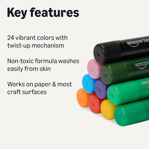 Amazon Basics Tempera Paint Sticks for Kids and Students, Washable, Twist-Up Design, 24 Colors view 2