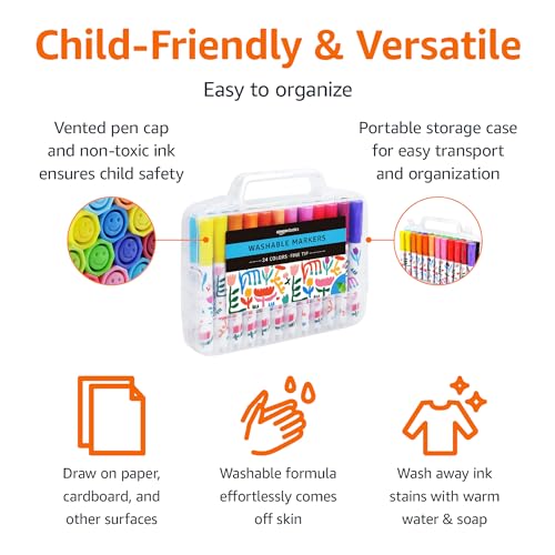 Amazon Basics Washable Markers for Kids, Fine Tip Assorted, Pack 24