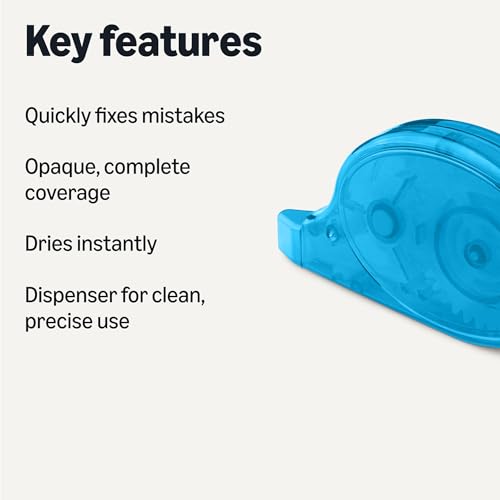 Amazon Basics White Out Correction Tape with Dispenser, 39.3ft, 2-Count Pack, Fast, Clean and Easy to Use Tear-Resistant Tape Office or School Supplies, Green, Orange, Purple, Red, Blue