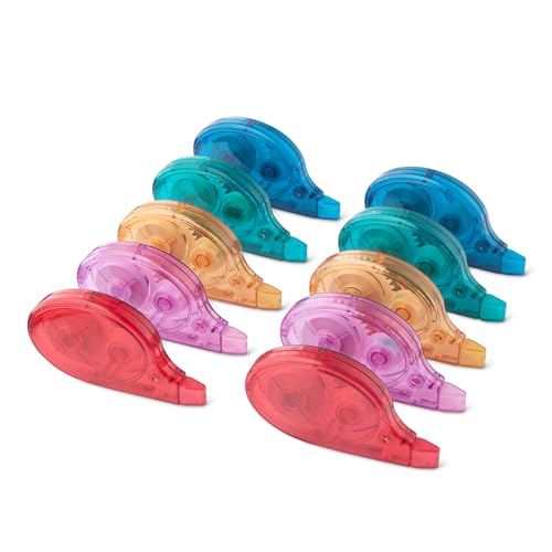 Amazon Basics White-Out Correction Tape with Dispenser, 39.3ft, 10-Pack, Fast, Clean and Easy to Use Tear-Resistant Tape Office or School Supplies, Green, Orange, Purple, Red, Blue