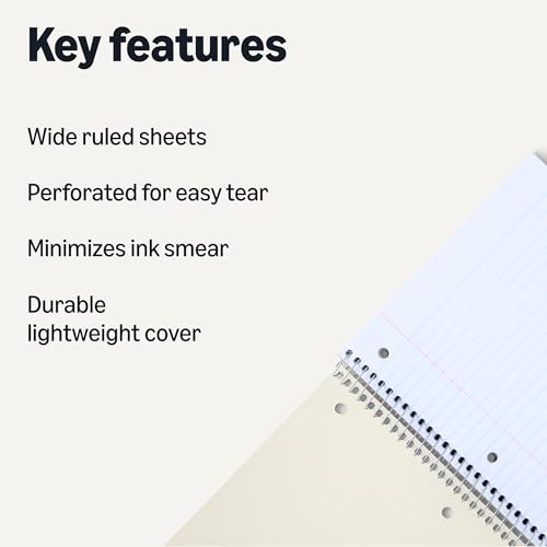 Amazon Basics Wide Ruled 3-Subject Spiral Notebooks with Pocket Dividers, 150 Sheets, 10.5" x 8", Assorted Primary Colors, 3-Pack view 2