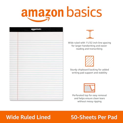 Amazon Basics Wide Ruled Lined Writing Note Pads for Office Supplies, 8.5" x 11.75", White, 12-Pack of 50 Perforated Sheets view 2