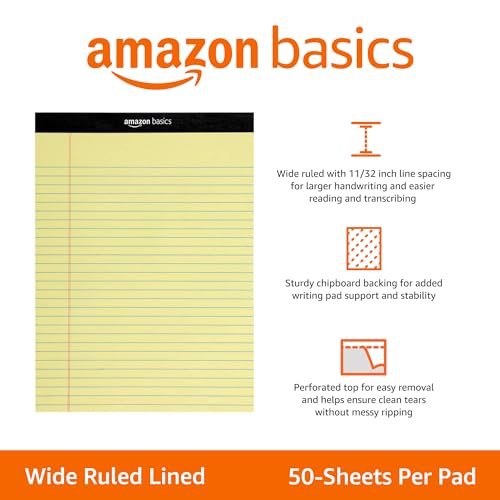 Amazon Basics Wide Ruled Lined Writing Pads, 8.5" x 11.75", Canary, 12-Pack of 50 Perforated Sheets, Sturdy Backing view 2