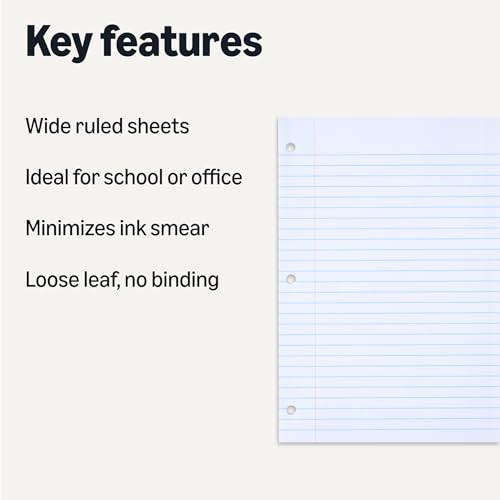 Amazon Basics Wide Ruled Loose Leaf Paper, 10.5" x 8", 100 Sheets, White, 6-Pack view 2