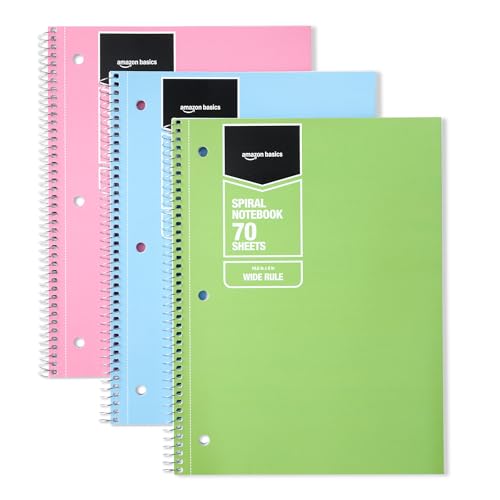 Amazon Basics Wide Ruled Spiral Notebook, For Work and School, 70 Sheets, 8" x 10.5", 3 pack, Assorted Pastel Solid Colors