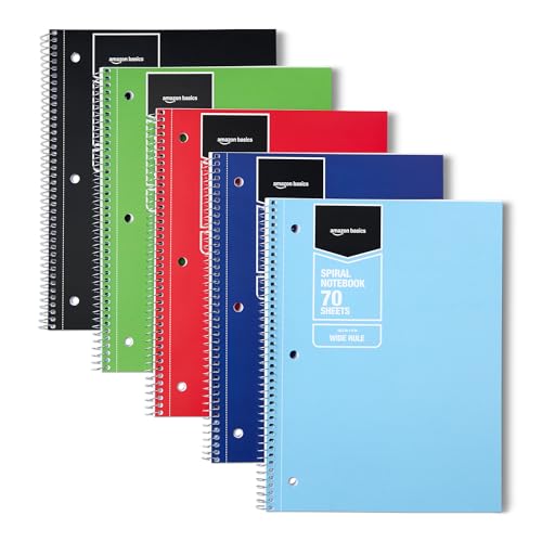 Amazon Basics Wide Ruled Spiral Notebook, For Work and School, 70 Sheets, 8" x 10.5", Assorted Solid Colors, 5 pack
