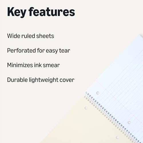 Amazon Basics Wide Ruled Spiral Notebook, For Work and School, 70 Sheets, 8" x 10.5", Assorted Solid Colors, 5 pack view 2