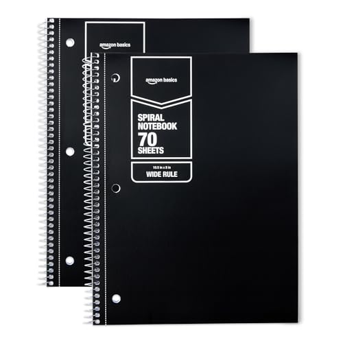 Amazon Basics Wide-Ruled Spiral Notebooks, 8" x 10-1/2", 70 Sheets, Black, 2-Pack
