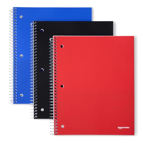 Amazon Basics Wide-Ruled Spiral Notebooks with Pocket Divider, 8" x 10.5", 100 Sheets, Perforated Pages, Assorted Primary Colors, 3-Pack