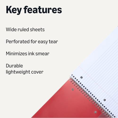 Amazon Basics Wide-Ruled Spiral Notebooks with Pocket Divider, 8" x 10.5", 100 Sheets, Perforated Pages, Assorted Primary Colors, 3-Pack view 2