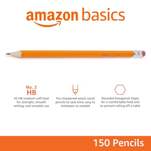 Amazon Basics Wood-Cased #2 Pencils, Pre-sharpened, HB Lead Bulk Box, 150 Count, Yellow