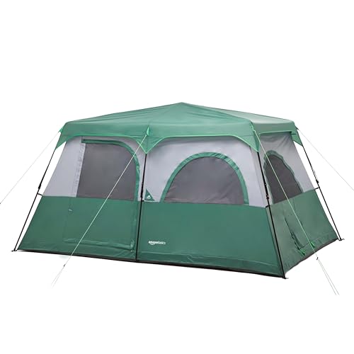Amazon Basics 10-Person Instant Camping Tent with Rainfly, Easy Setup, Weather-Resistant, for Family Camping and Hiking, Mesh Windows, Ventilation, Storage Pockets, Green