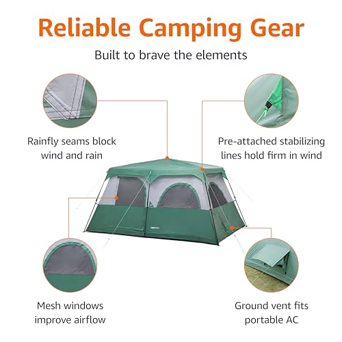Amazon Basics 10-Person Instant Camping Tent with Rainfly, Easy Setup, Weather-Resistant, for Family Camping and Hiking, Mesh Windows, Ventilation, Storage Pockets, Green view 2