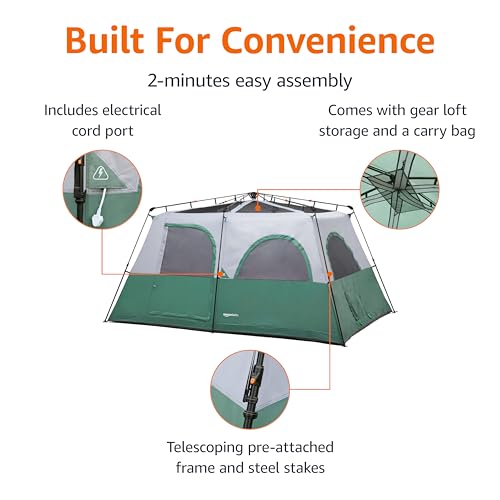 Amazon Basics 10-Person Instant Camping Tent with Rainfly, Easy Setup, Weather-Resistant, for Family Camping and Hiking, Mesh Windows, Ventilation, Storage Pockets, Green view 3