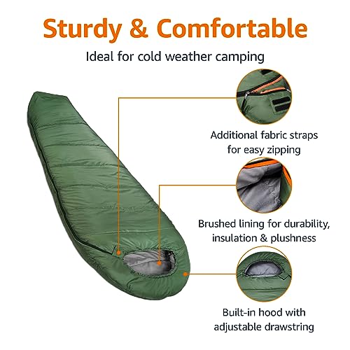 Amazon Basics 20°F Cold Weather Mummy Sleeping Bag, 82 Inches x 33 Inches, Olive Green