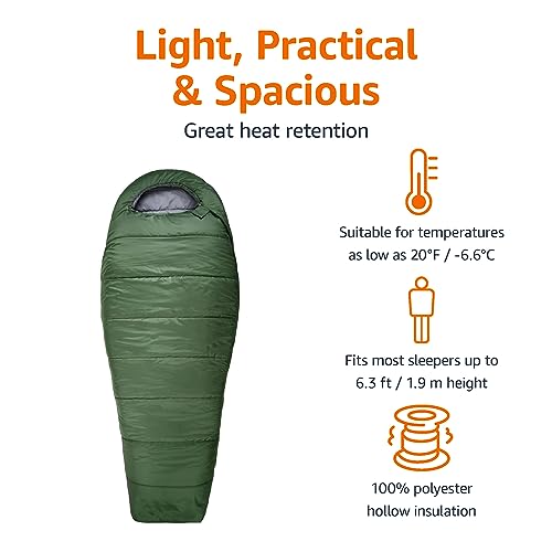 Amazon Basics 20°F Cold Weather Mummy Sleeping Bag, 82 Inches x 33 Inches, Olive Green