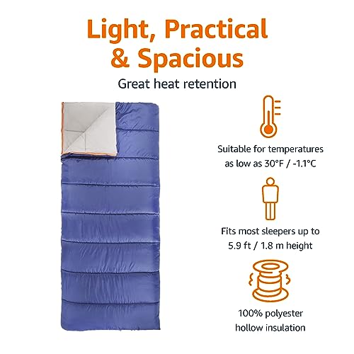 Amazon Basics 30°F Cool Weather Sleeping Bag, 75 Inches x 33 Inches, Blue