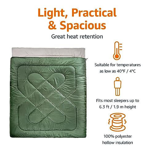 Amazon Basics 40°F Cool Weather Two-Person Sleeping Bag, 87 Inches x 59 Inches, Olive Green