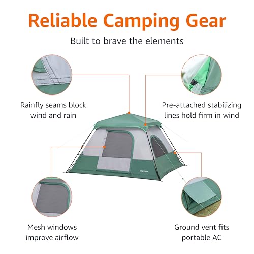 Amazon Basics 6-Person Instant Camping Tent with Rainfly, Weather-Resistant, Quick Setup, Green