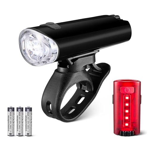Amazon Basics Bike Lights for Day/Night Riding, Bicycle Lights Front and Back, Headlight Black, Taillight Red, Three Lighting Modes, Versatile Mounting Options