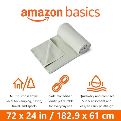 Amazon Basics Camping and Hiking Towel, Microfiber Towel, 72" L x 24" W, Fog Green