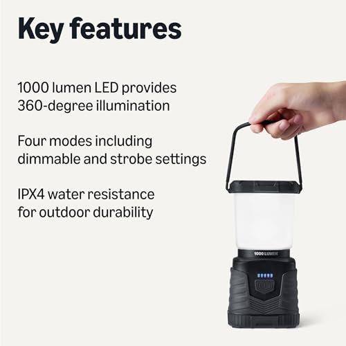 Amazon Basics Camping Essentials Lantern, 360-Degree 1000 Lumen LED, Adjustable Dimmable with 4 Lighting Modes, Water Resistant IPX4, Black (Batteries Not Included) view 2