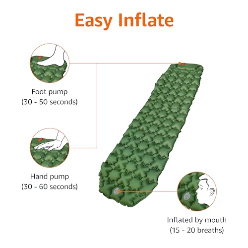 Amazon Basics Camping Sleeping Pad with Quick-Inflate Foot Pump, Water Resistant, Ultralight, Olive Green