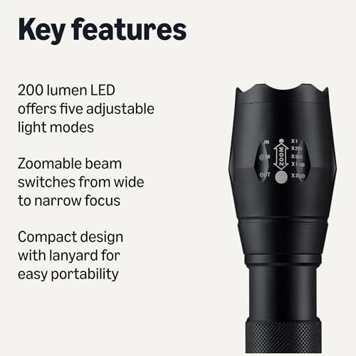 Amazon Basics Handheld LED Flashlight, 200 high Lumen flashlights Adjustable Brightness Focus, Black view 2