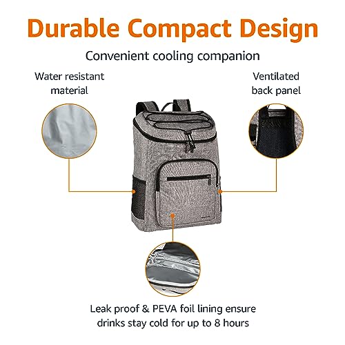 Amazon Basics Insulated Cooler Backpack, 30 Can Capacity, Leak-Proof Design, Gray