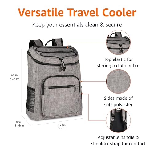Amazon Basics Insulated Cooler Backpack, 30 Can Capacity, Leak-Proof Design, Gray