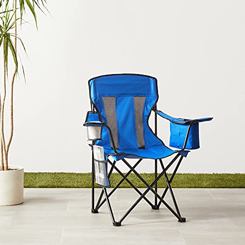 Amazon Basics Portable Folding Camping Chair with 4-Can Cooler, Side Pocket, Cup Holder, and Carry Bag, Sturdy, Breathable Mesh Back, Large, Blue view 2