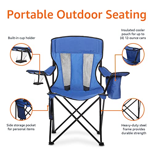 Amazon Basics Portable Folding Camping Chair with 4-Can Cooler, Side Pocket, Cup Holder, and Carry Bag, Sturdy, Breathable Mesh Back, Large, Blue view 3