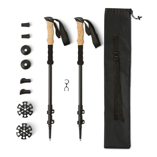 Amazon Basics Trekking Poles, Lightweight Collapsible Hiking Sticks with Quick Lock, EVA Grip & All-Terrain Accessories, Adjustable Aluminum, Black, 53in