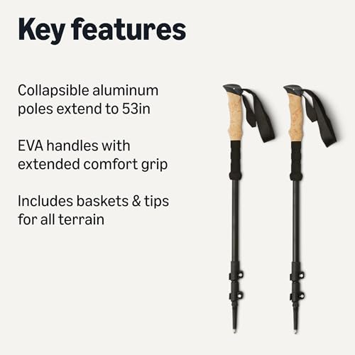 Amazon Basics Trekking Poles, Lightweight Collapsible Hiking Sticks with Quick Lock, EVA Grip & All-Terrain Accessories, Adjustable Aluminum, Black, 53in view 2