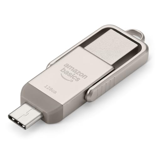 Amazon Basics 128GB USB Flash Drive, Thumb Drive Memory Stick with USB C and USB A Dual Ports, Champagne Silver