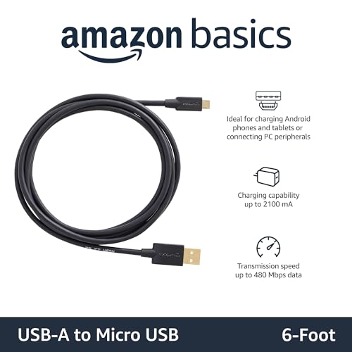 Amazon Basics 2-Pack USB-A to Micro USB Cable, Android Charger, 480Mbps Transfer Speed, Gold-Plated Connectors, USB 2.0, 6 Foot, Black view 2