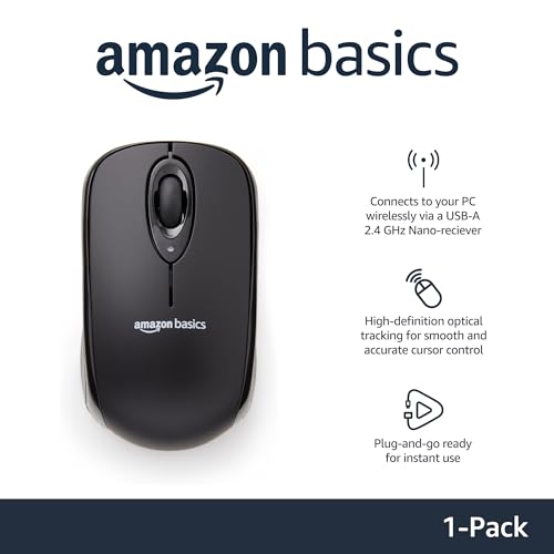 Amazon Basics 2.4 GHz Wireless Optical Computer Mouse with USB Nano Receiver, Portable, No Wires, Smooth Tracking, Multi-Device Compatibility, Black view 2