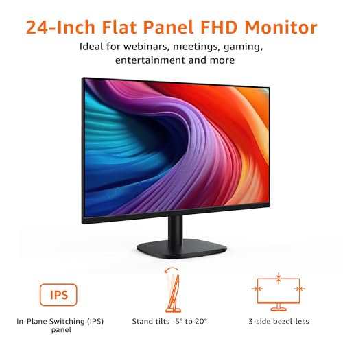 Amazon Basics 24 Inch (23.8 inch viewable) Monitor, FHD 1080P, Max 100Hz, VESA Compatible, Built-in Speakers, Black view 2