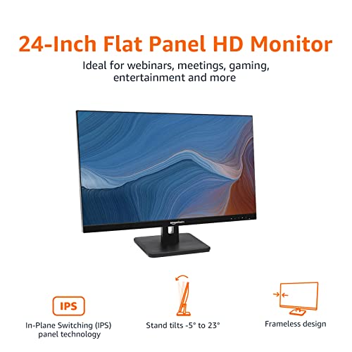 Amazon Basics 24-inch Full HD IPS Monitor, 75 Hz, 1080P, HDMI, Display Port and VGA Input, Adjustable Stand, VESA Compatible, Built-in Speakers for Office and Home, Black view 2