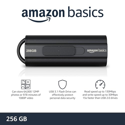 Amazon Basics 256 GB Ultra Fast USB 3.1 Flash Drive, High Capacity External Storage for Photos Videos, Retractable Design, 130MB/s Transfer Speed, Black view 2