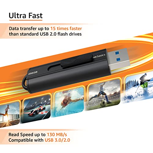 Amazon Basics 256 GB Ultra Fast USB 3.1 Flash Drive, High Capacity External Storage for Photos Videos, Retractable Design, 130MB/s Transfer Speed, Black view 3