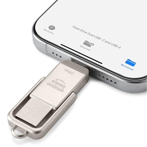 Amazon Basics 256GB USB Flash Drive, Thumb Drive Memory Stick with USB C and USB A Dual Ports, Champagne Silver view 3