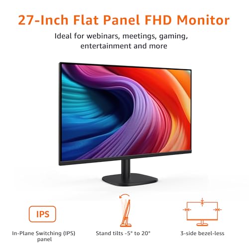Amazon Basics 27 inch Monitor, FHD 1080P, Max 100Hz, VESA Compatible, Built-in Speakers, Black