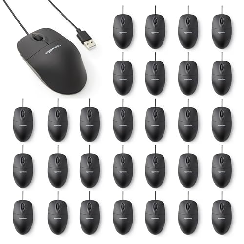 Amazon Basics 3-Button USB Wired Computer Mouse, Black, 30-Pack