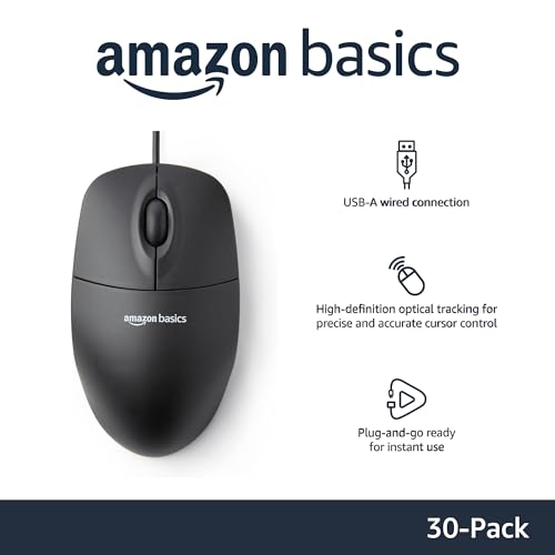 Amazon Basics 3-Button USB Wired Computer Mouse, Black, 30-Pack view 2