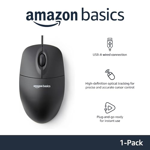 Amazon Basics 3-Button USB Wired Mouse with Responsive Tracking, Plug & Play, Compatible with Windows and Mac, Black view 2