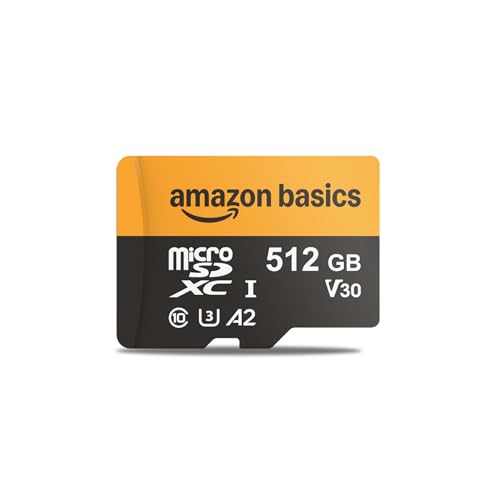 Amazon Basics 512GB microSDXC Card with Adapter for Tablets, Smartphones, Action Cameras, GoPRO, Drones, Full HD, Read Speed Up to 200MB/s, 1-Pack
