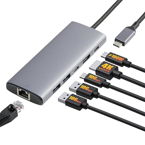Amazon Basics 6-in-1 USB-C 3.2 (10G) Hub, 1 USB-C 100W PD Input, 2 USB-A, 1 USB-C, HDMI 4K, Ethernet, Light Grey, 11.94 x 4.6 x 1.5cm