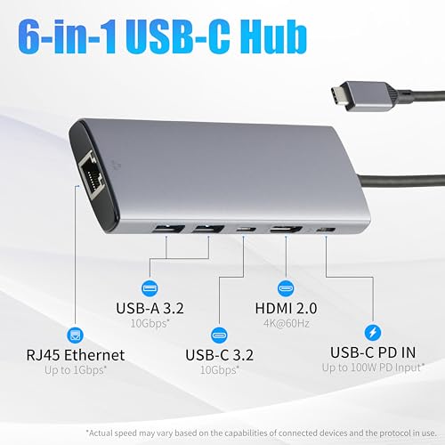 Amazon Basics 6-in-1 USB-C 3.2 (10G) Hub, 1 USB-C 100W PD Input, 2 USB-A, 1 USB-C, HDMI 4K, Ethernet, Light Grey, 11.94 x 4.6 x 1.5cm